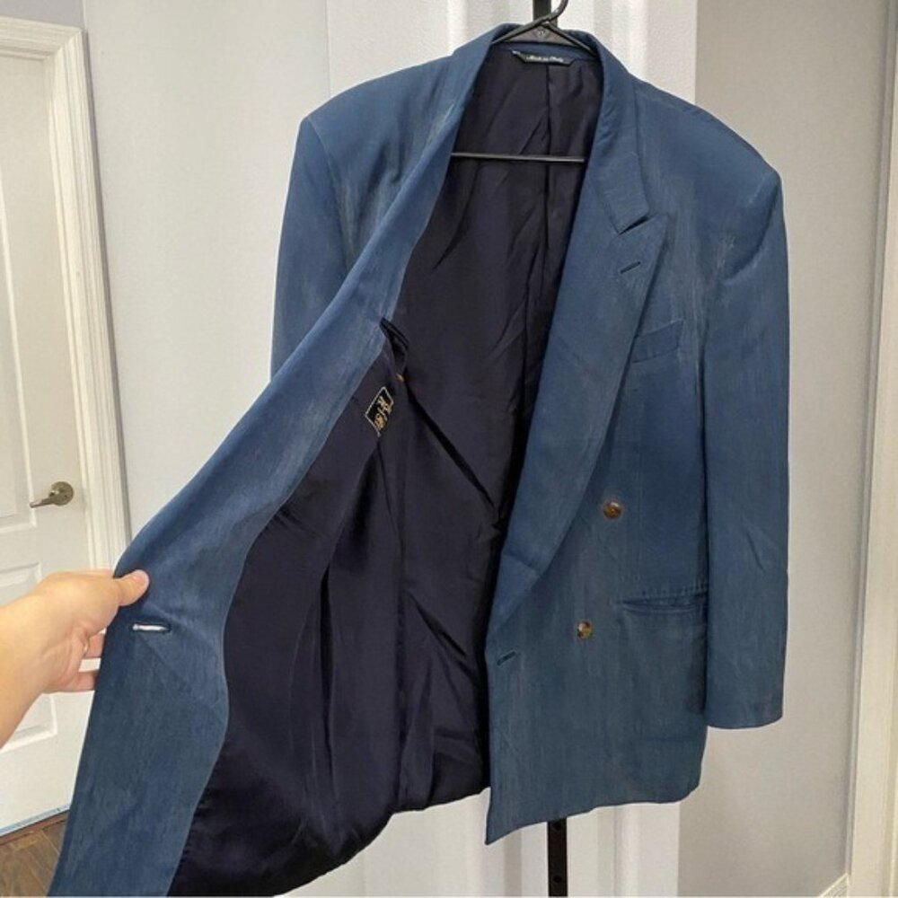 Canali Navy Blue Suit Blazer Jacket Shoulder Pads Size 48R Vintage-Made In Italy - Picture 9 of 14